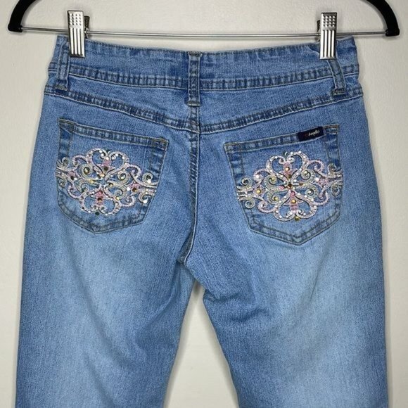 Vintage Y2K Angels Size 3 Light Wash Low Rise Rhinestone Cropped Cuffed Jeans - Picture 8 of 12